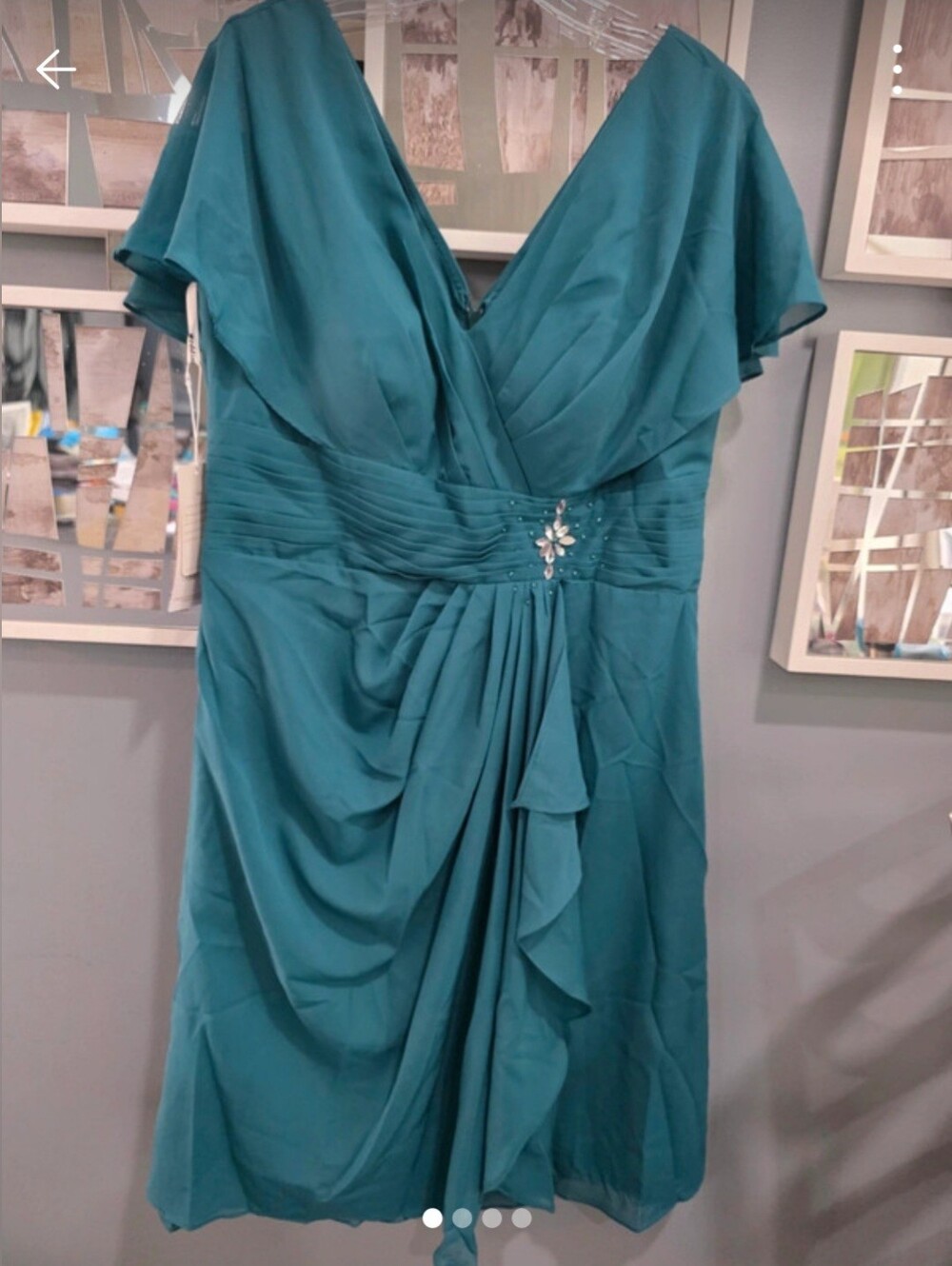 Teal V-Neck Ruched Waist Dress with Embellishment